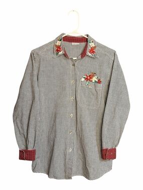 Cabin Creek Black & White Gingham Button-Down Shirt with Red Floral Embroidery